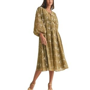 EB Luxe LA Women Paris Floral Embroidery Midi Dress Sheer Puff Sleeves Whimsical